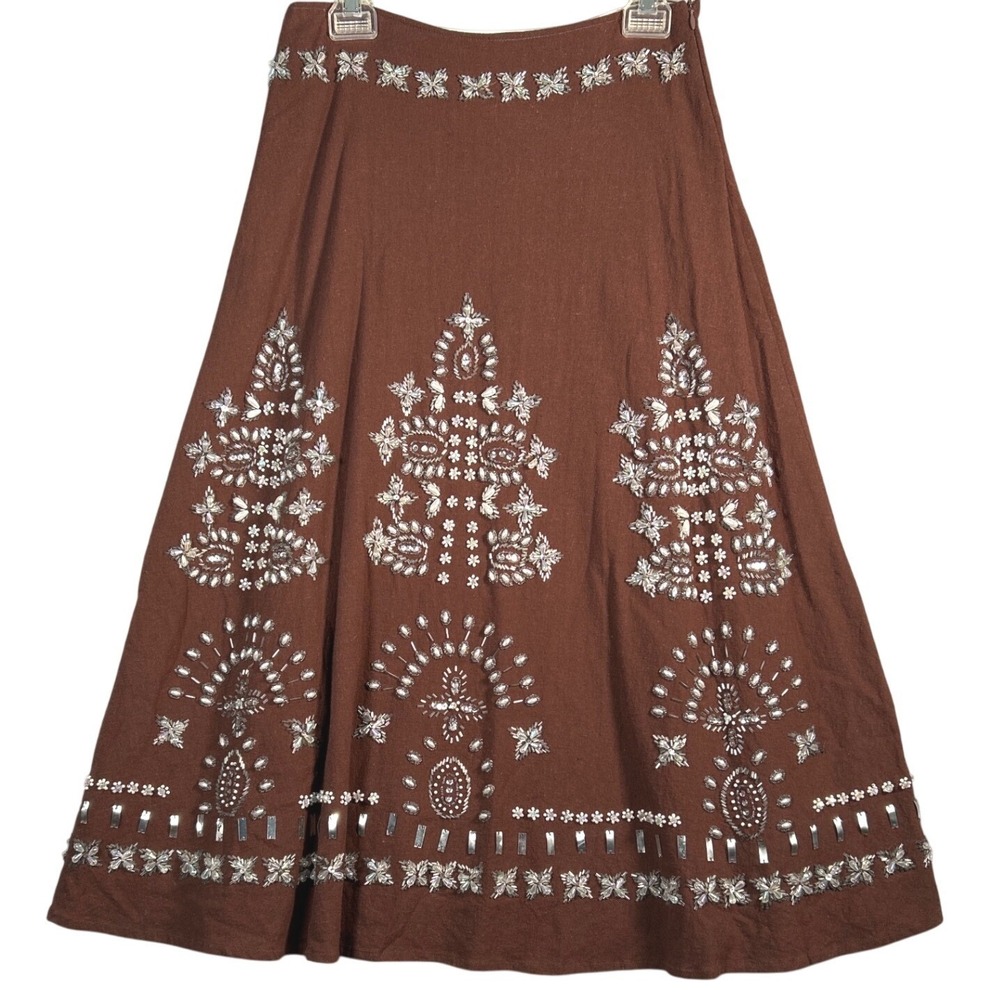 Basil Maude Skirt Brown Linen Blend Beaded Embellish Aztec Boho Sz 4 NWT Vintage